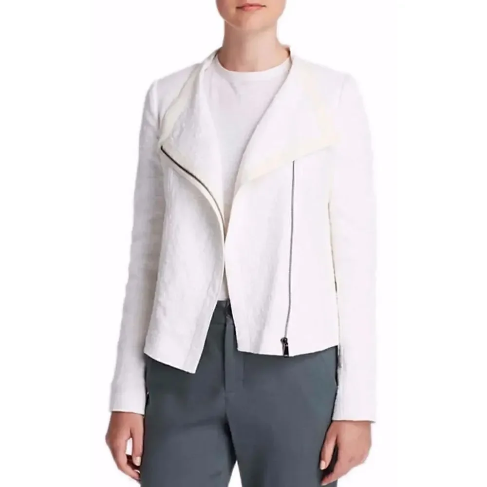 VINCE Cream TEXTURED ZIPPER FRISE asymmetrical JACKET $425 sz XXS